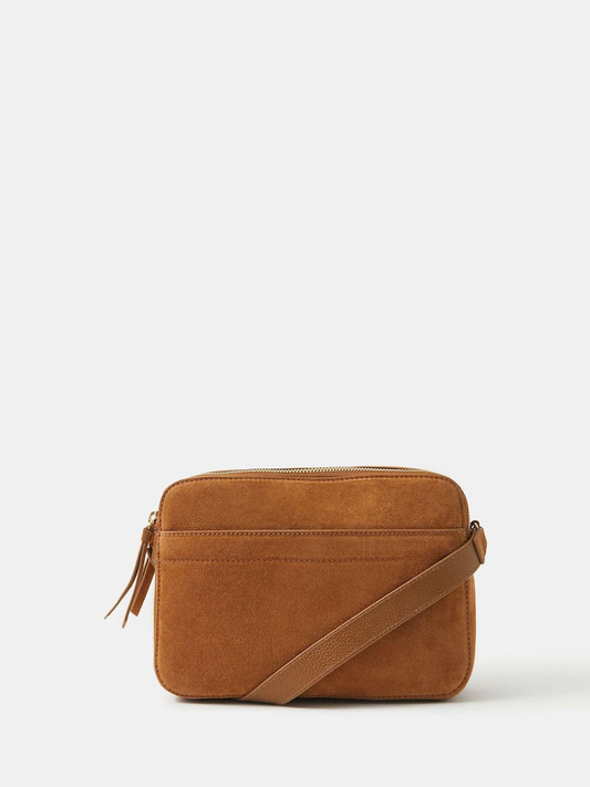 Liten Brun Crossbody Veske i Semsket Skinn